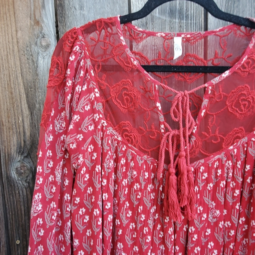 Free People Red Flowal Flowy Tunic Dress - Picture 2 of 7